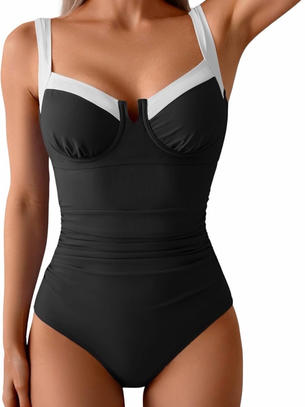 Black One-Piece Underwire Swimsuit with White Trim